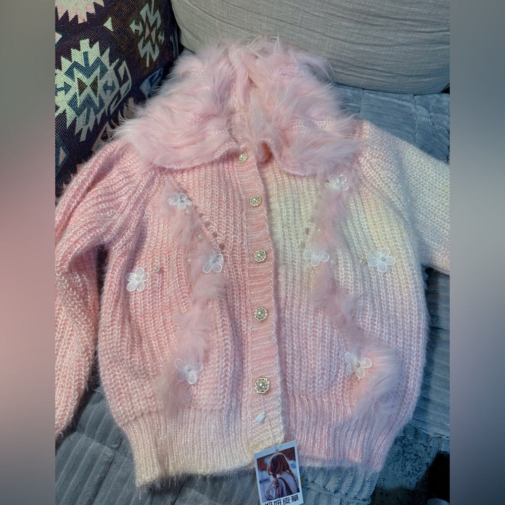 Pink Fuzzy 100% real fox fur Cardigan with Floral Accents